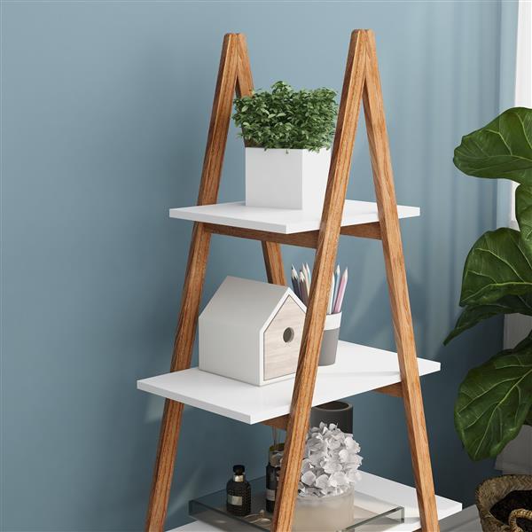 Estantería para libros en forma de escalera (diseño en "A"), fabricada con madera maciza o bambú.