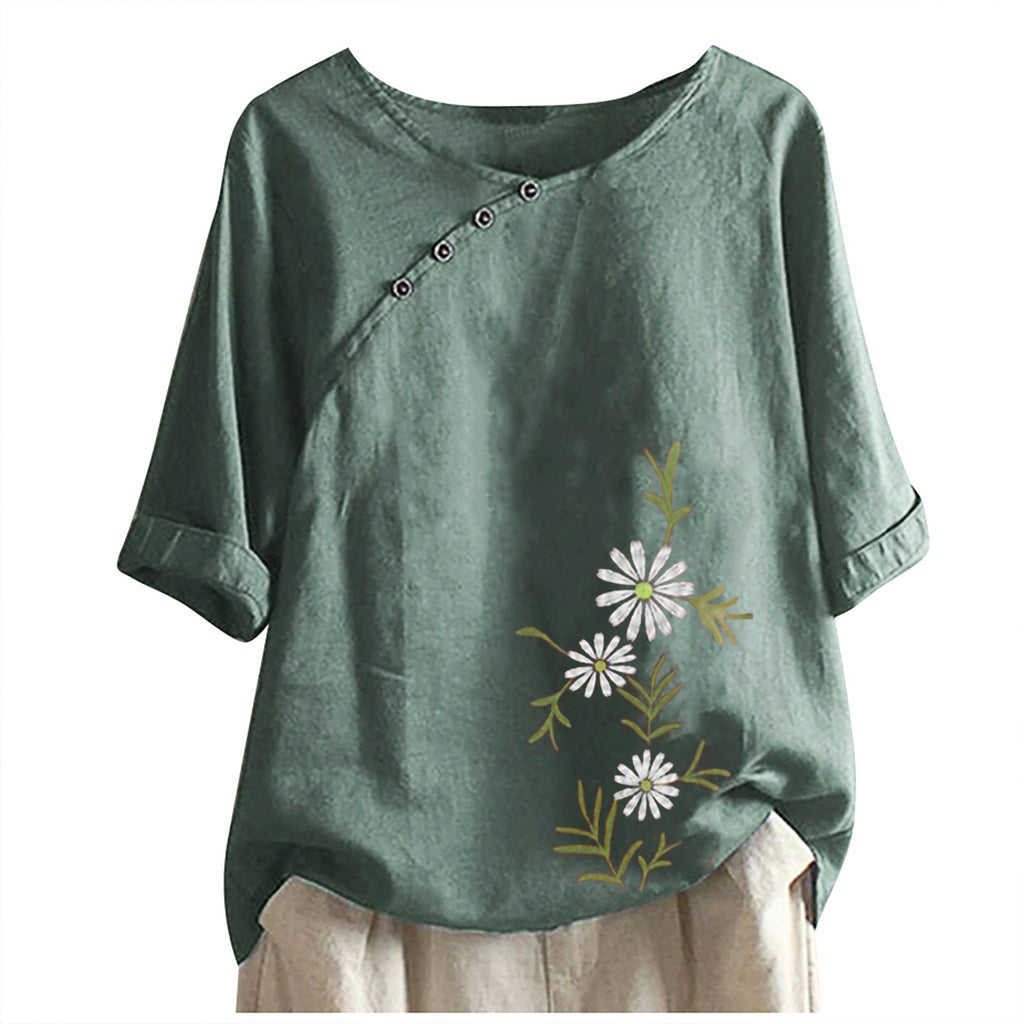 Camisetas de algodón y cáñamo de manga corta con estampado