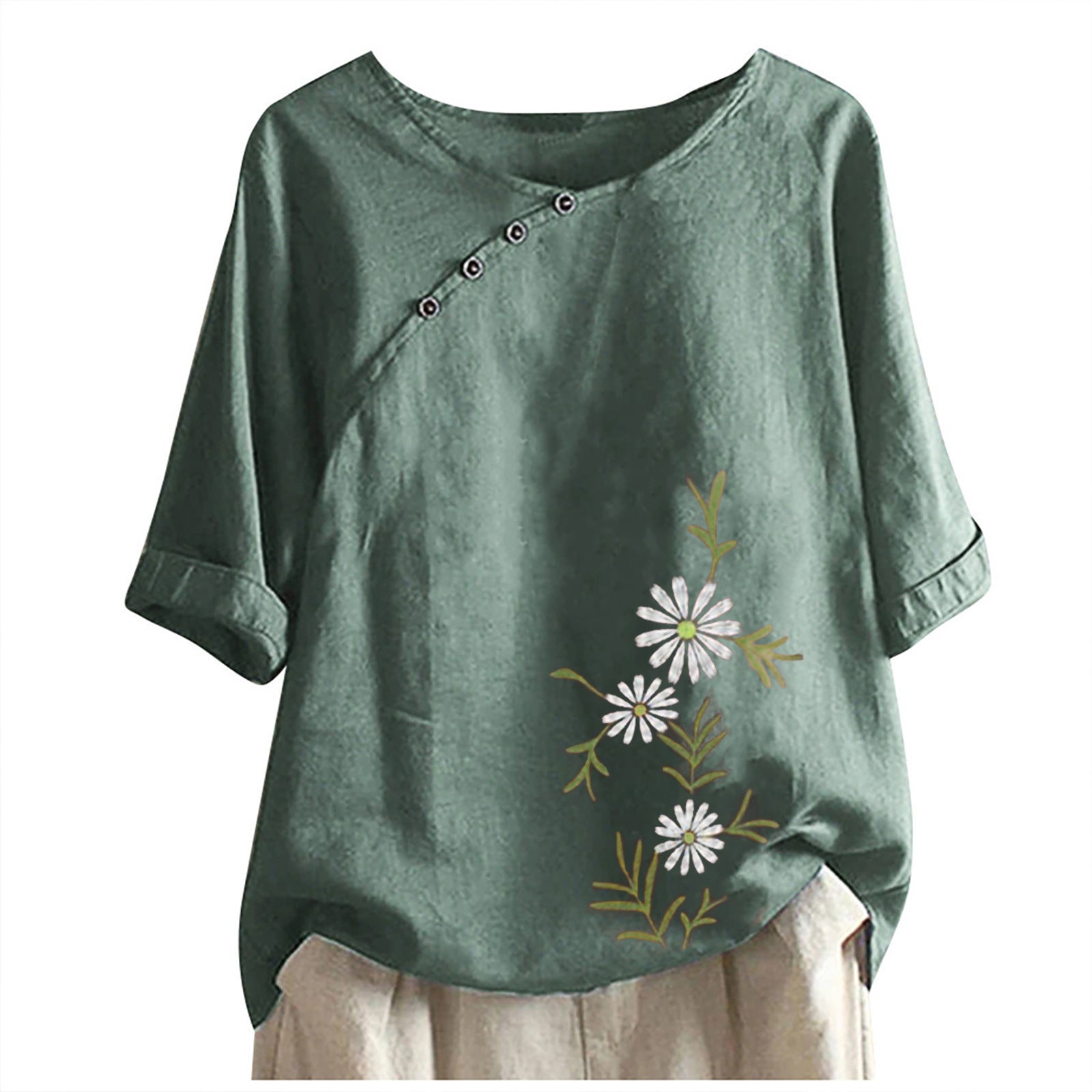 Camisetas de algodón y cáñamo de manga corta con estampado