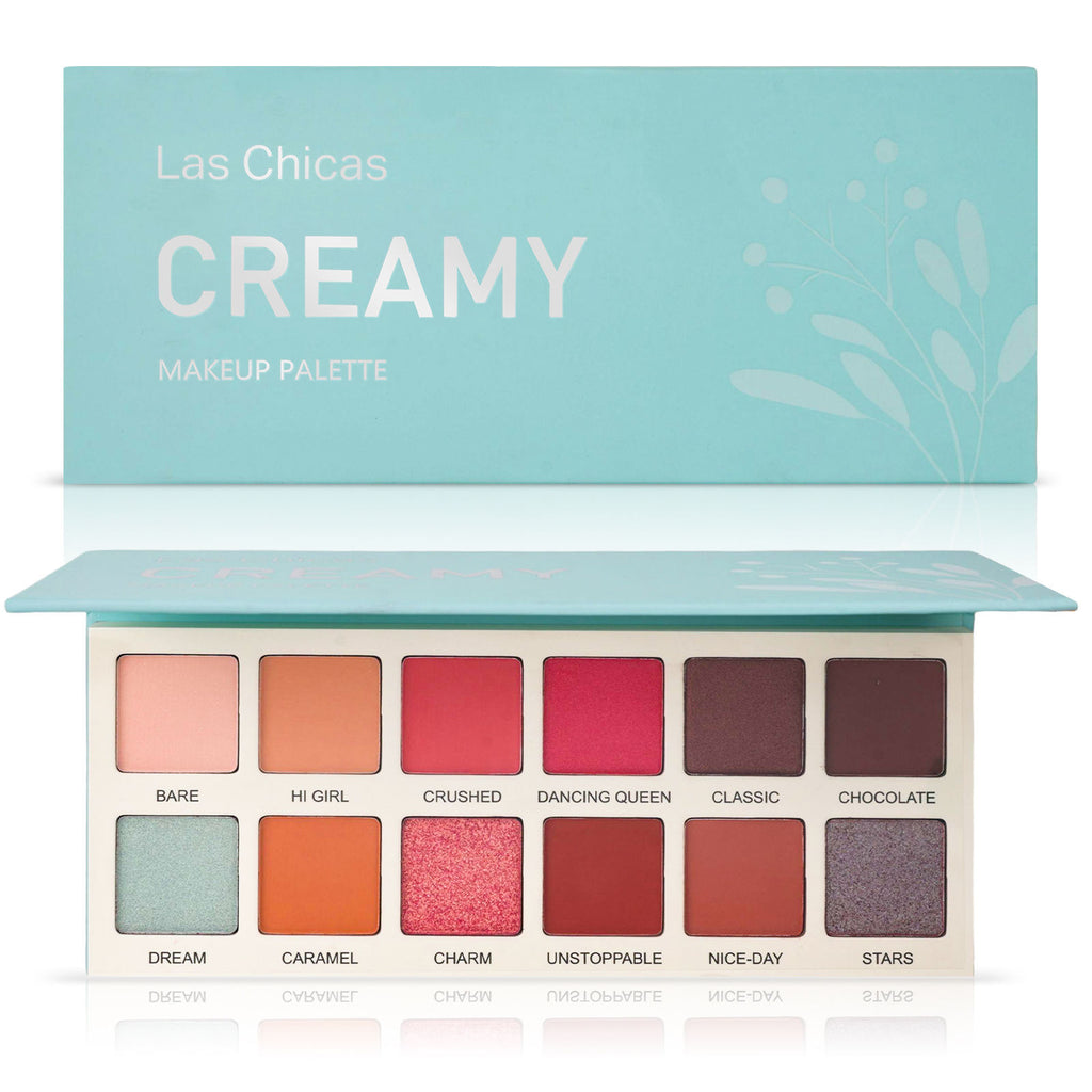 Paleta de sombras de ojos en crema de Las Chicas: alta pigmentación, textura suave, sin hidroxi-benzofenona, vegana, no testada en animales (12 colores)