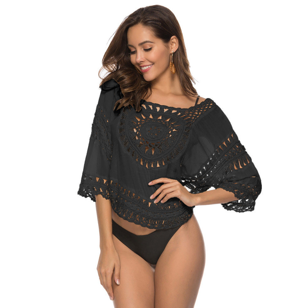 Pareo/camiseta de playa con diseño de semicírculo, tejido a mano con encaje de cáñamo