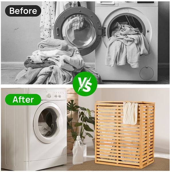 Cesta de ropa de bambú con tapa - Cesta plegable con 2 compartimentos y bolsillos interiores extraíbles, ideal para el baño, el dormitorio y la lavandería
