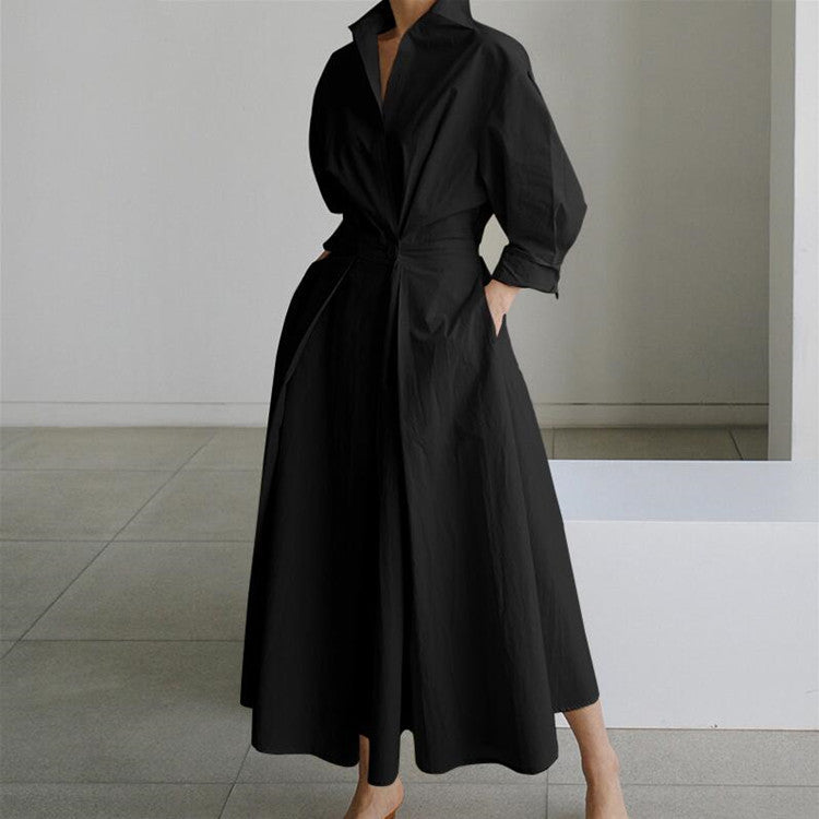 Camisa de algodón y lino con cuello polo, manga larga, cintura elástica y diseño de corte amplio. Vestido elegante y cómodo para el día a día.