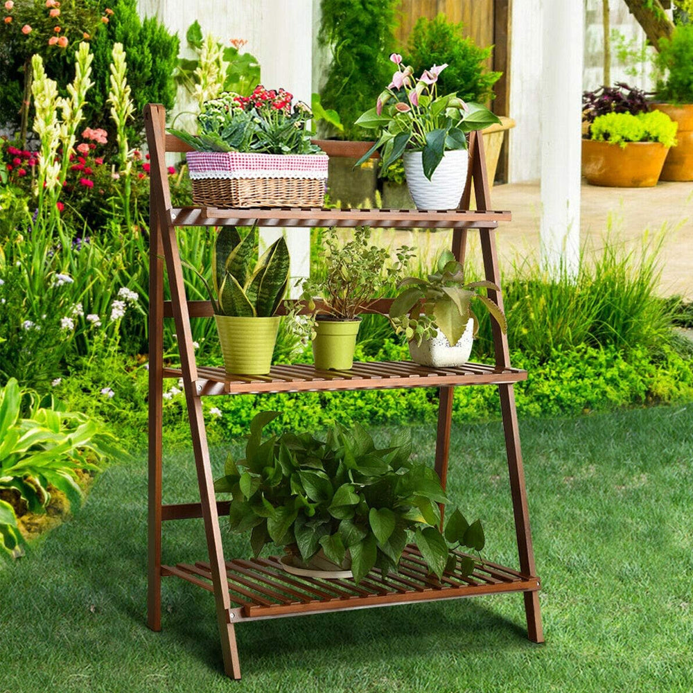 Estantería plegable de bambú con 3 niveles para plantas, flores y libros.