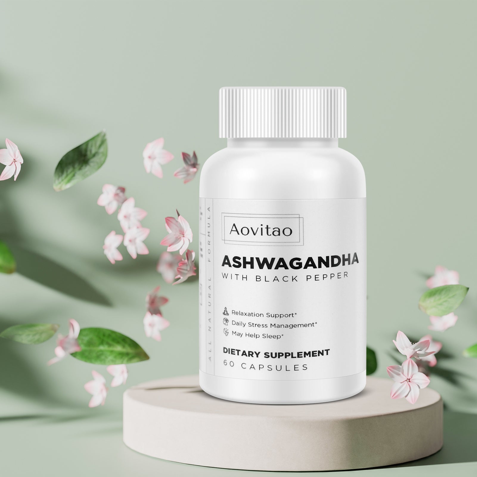 Suplementos de Ashwagandha en cápsulas veganas para aliviar el estrés y reforzar el sistema inmunitario. Equilibra los niveles de energía y el estado de ánimo. Orgánico.