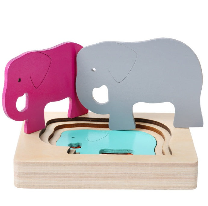 Juguetes educativos Montessori para niños de 1 a 3 años: rompecabezas tridimensional de madera con diseño de animales y colores degradados.