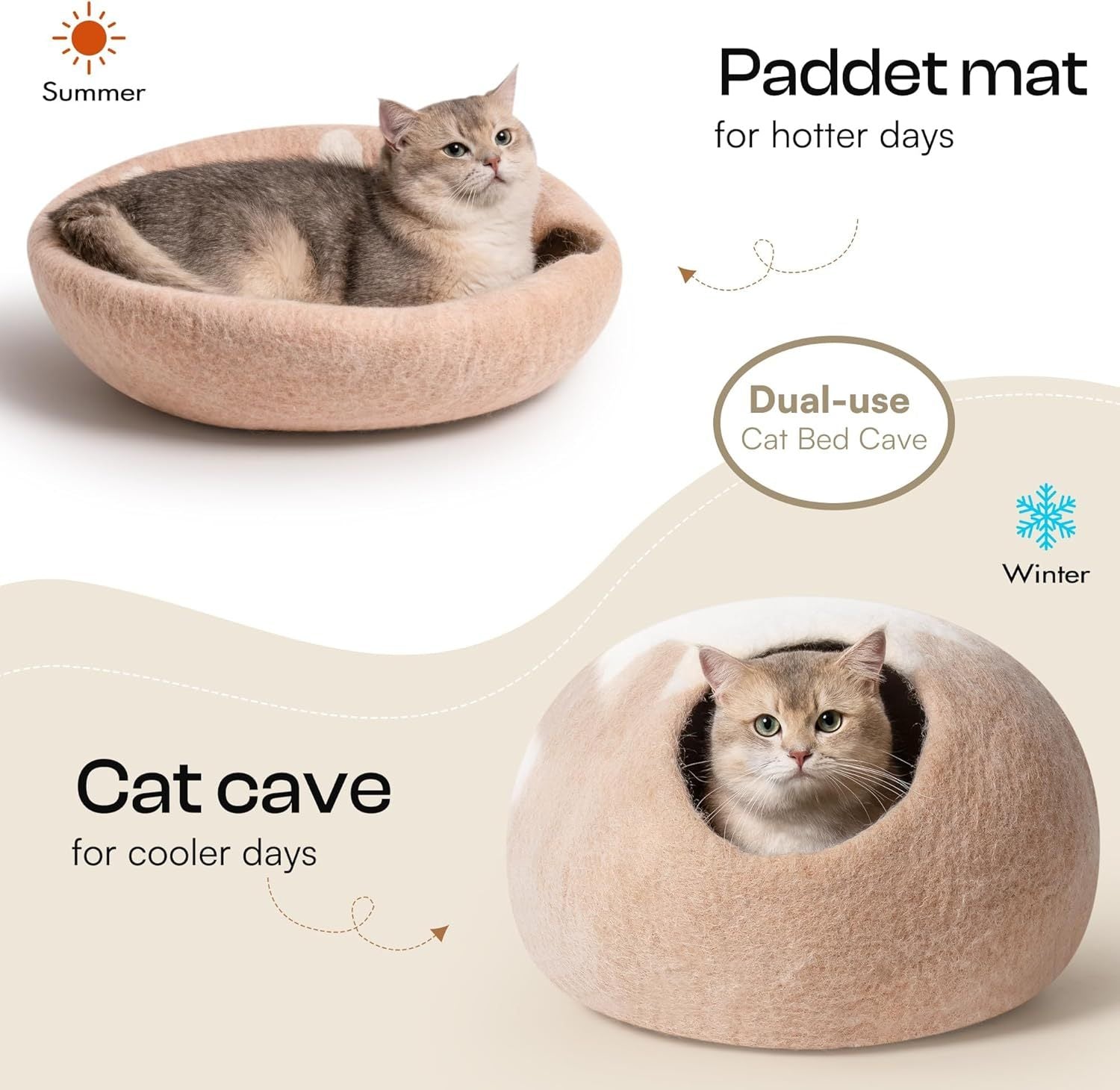 Cama-cueva para gatos, hecha a mano con lana - Casa refugio de fieltro natural para gatos y gatitos de interior, cama cómoda y transpirable, color gris, tamaño mediano