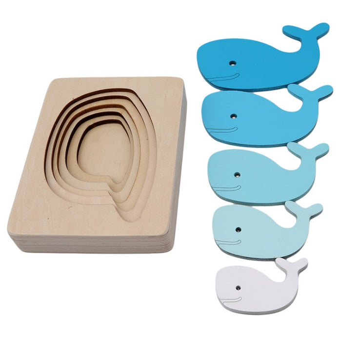 Juguetes educativos Montessori para niños de 1 a 3 años: rompecabezas tridimensional de madera con diseño de animales y colores degradados.