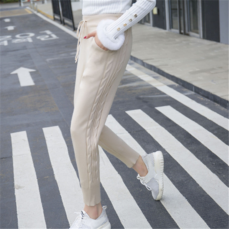 Pantalones Harem de punto de moda, color liso, tejido de cáñamo con detalles de encaje.