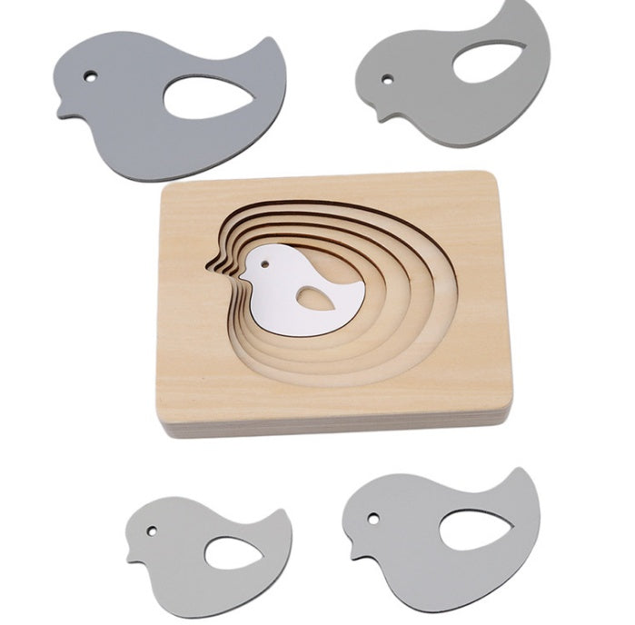 Juguetes educativos Montessori para niños de 1 a 3 años: rompecabezas tridimensional de madera con diseño de animales y colores degradados.