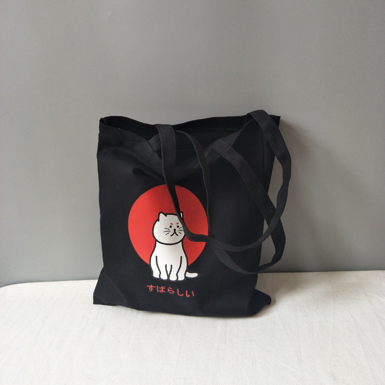 Bolso grande de tela, bolso de hombro estilo coreano, bolso de mano con estampado de gato, bolso de tela negro, ecológico