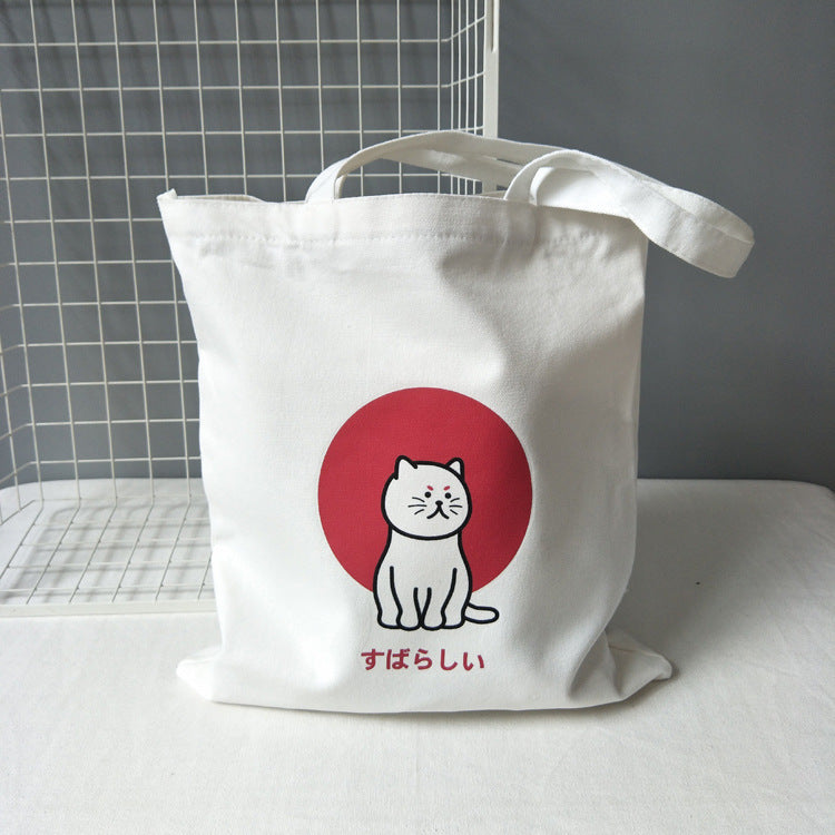 Bolso grande de tela, bolso de hombro estilo coreano, bolso de mano con estampado de gato, bolso de tela negro, ecológico