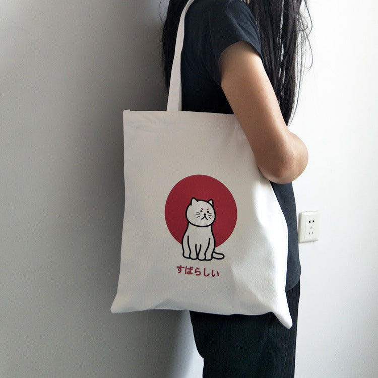Bolso grande de tela, bolso de hombro estilo coreano, bolso de mano con estampado de gato, bolso de tela negro, ecológico