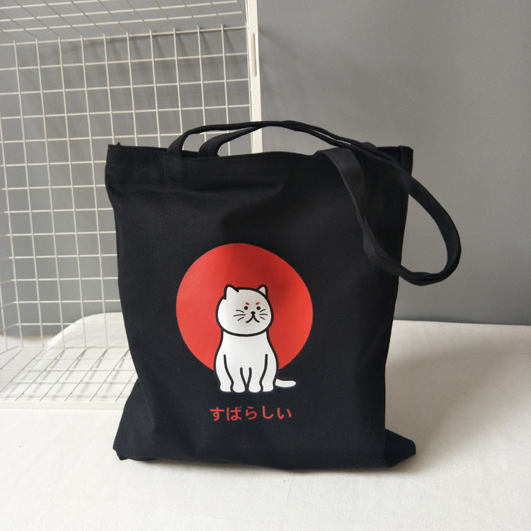 Bolso grande de tela, bolso de hombro estilo coreano, bolso de mano con estampado de gato, bolso de tela negro, ecológico