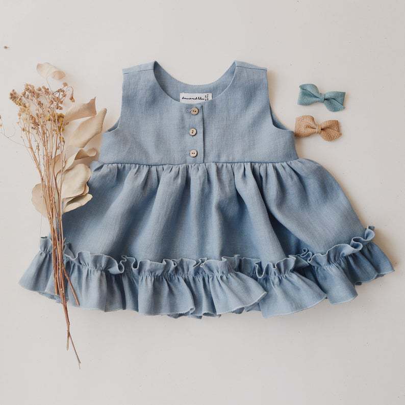 Vestido de verano, algodón y lino, chaleco, falda con volantes, falda de princesa, modelo nuevo y moderno para edades de 0 a 4 años