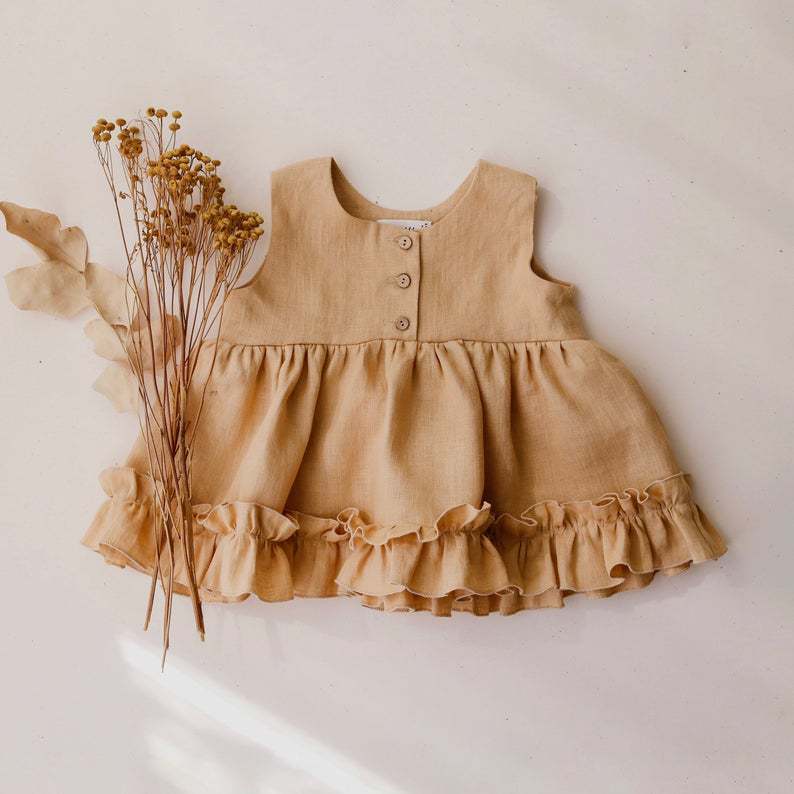 Vestido de verano, algodón y lino, chaleco, falda con volantes, falda de princesa, modelo nuevo y moderno para edades de 0 a 4 años