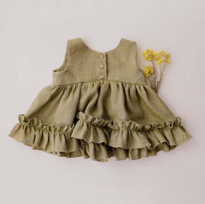 Vestido de verano, algodón y lino, chaleco, falda con volantes, falda de princesa, modelo nuevo y moderno para edades de 0 a 4 años