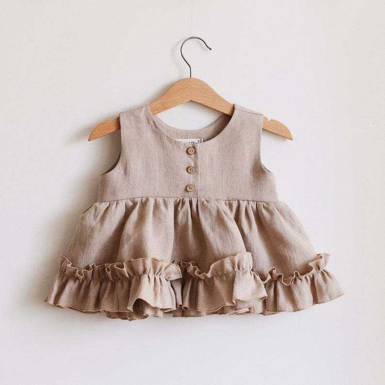 Vestido de verano, algodón y lino, chaleco, falda con volantes, falda de princesa, modelo nuevo y moderno para edades de 0 a 4 años