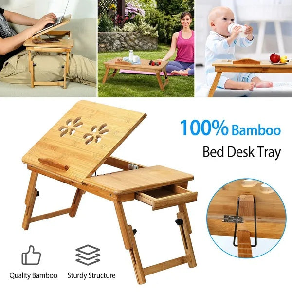 Mesa de bambú para portátil, bandeja plegable para desayuno o merienda en la cama, superficie inclinable ajustable con múltiples posiciones.