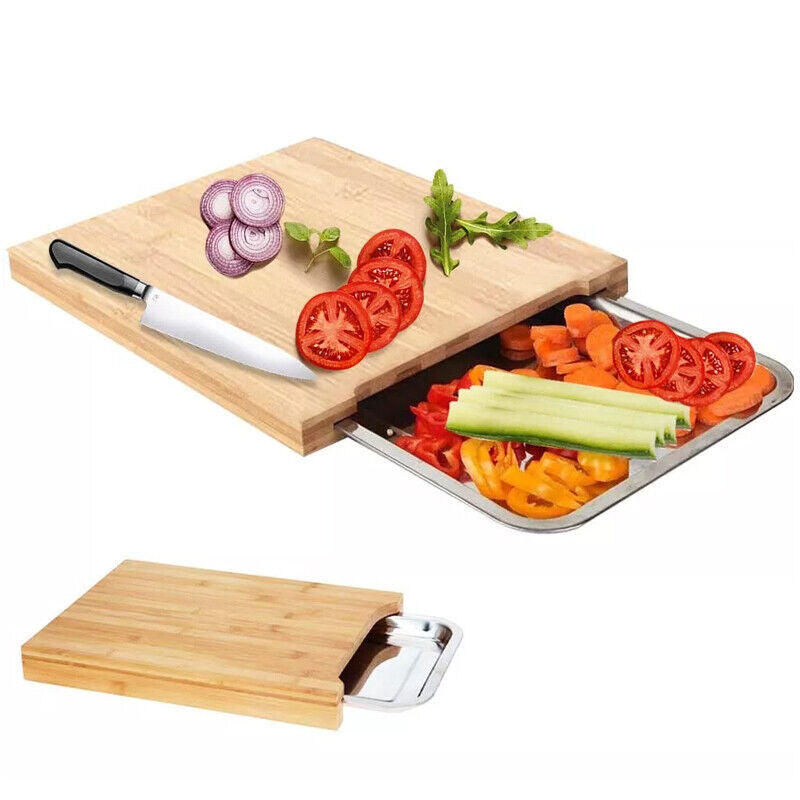 Tabla de cortar de bambú con bandeja deslizante de acero inoxidable para cortar y rebanar