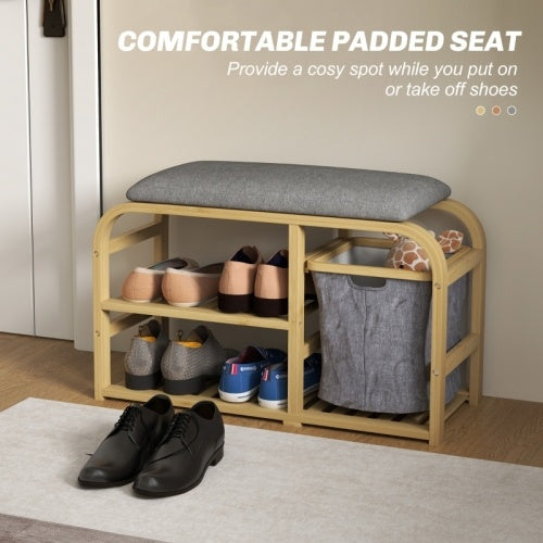 Banco-zapatero de bambú con asiento acolchado y acabado en madera natural.