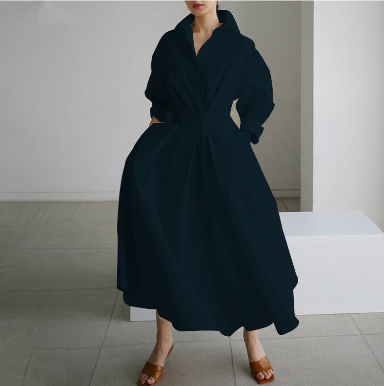 Camisa de algodón y lino con cuello polo, manga larga, cintura elástica y diseño de corte amplio. Vestido elegante y cómodo para el día a día.