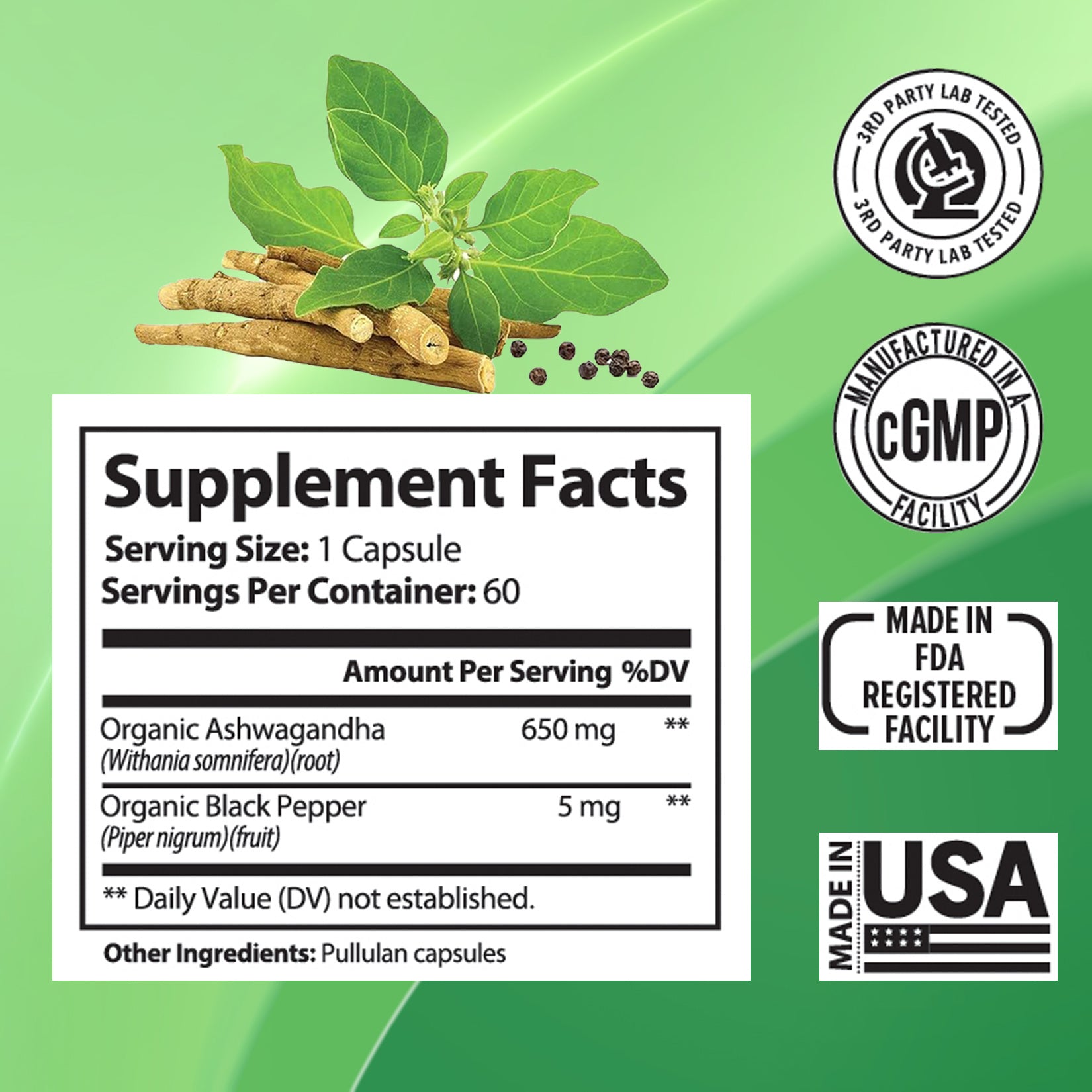 Suplementos de Ashwagandha en cápsulas veganas para aliviar el estrés y reforzar el sistema inmunitario. Equilibra los niveles de energía y el estado de ánimo. Orgánico.