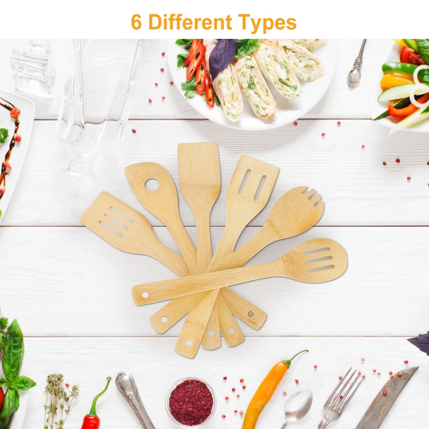 Juego de 6 utensilios de cocina de bambú: cucharas y espátulas de madera, utensilios de cocina antiadherentes, accesorios de cocina prácticos