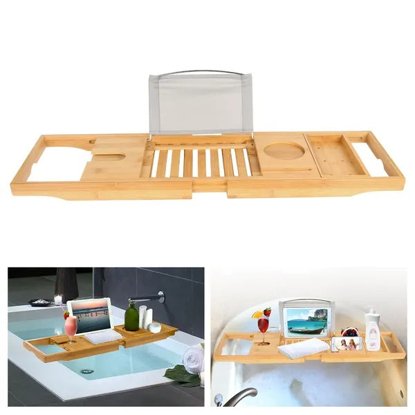 Tabla de baño extensible de bambú con bandeja y soporte para lectura, ideal para tabletas y móviles. Regalo perfecto para el día de San Valentín.