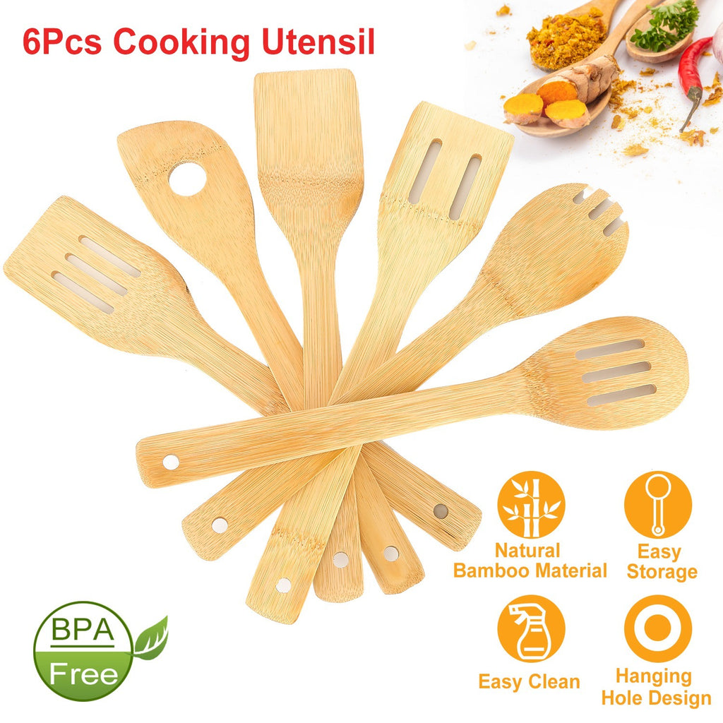 Juego de 6 utensilios de cocina de bambú: cucharas y espátulas de madera, utensilios de cocina antiadherentes, accesorios de cocina prácticos