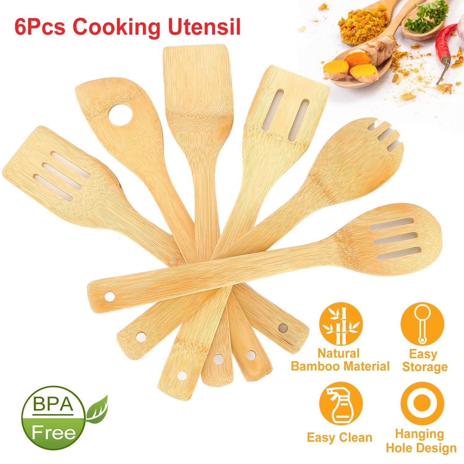 Juego de 6 utensilios de cocina de bambú: cucharas y espátulas de madera, utensilios de cocina antiadherentes, accesorios de cocina prácticos