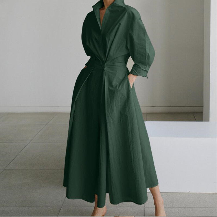 Camisa de algodón y lino con cuello polo, manga larga, cintura elástica y diseño de corte amplio. Vestido elegante y cómodo para el día a día.