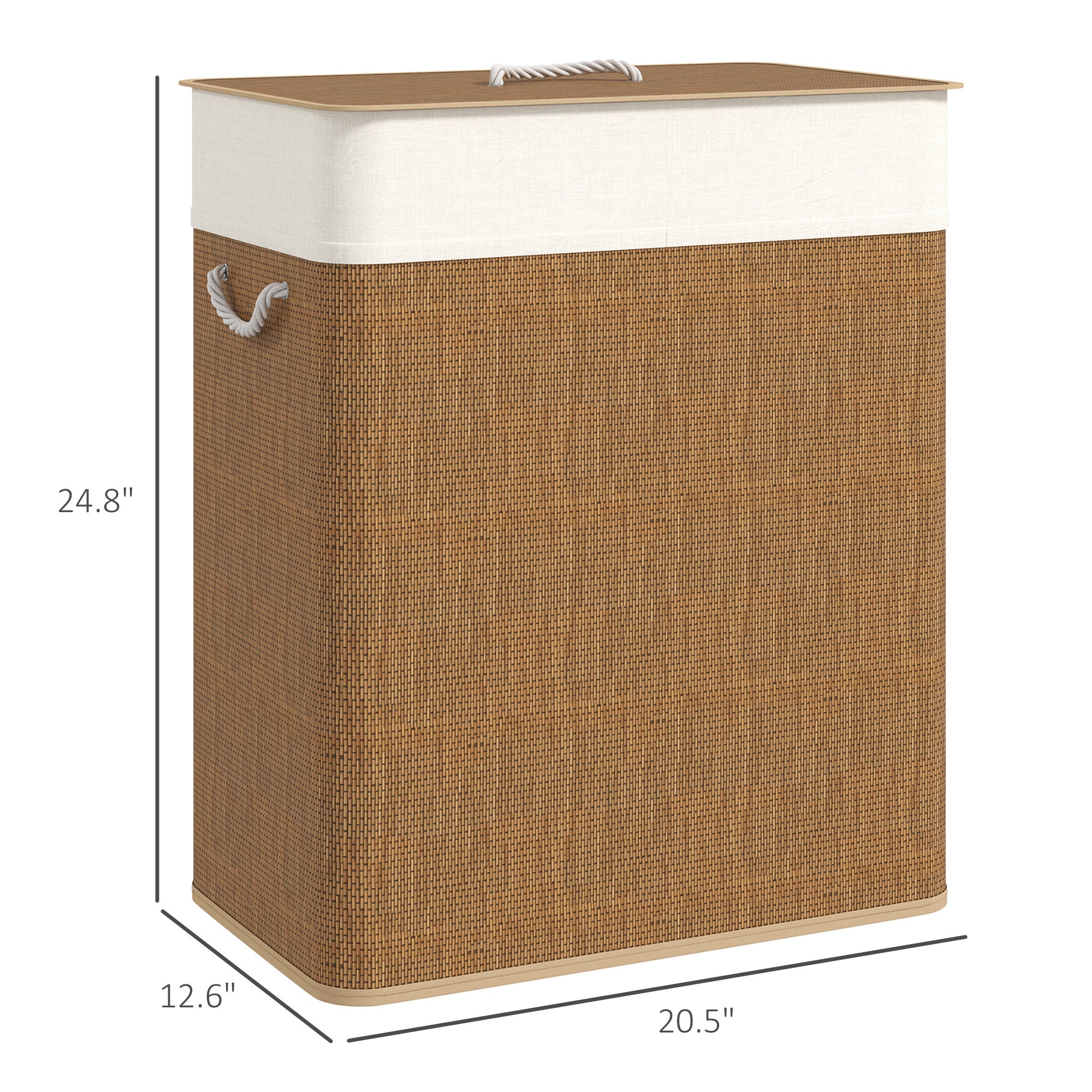 Cesta de ropa doble con tapa, capacidad de 26,4 galones, fabricada en bambú con asas de cuerda y forro interior extraíble, color marrón.