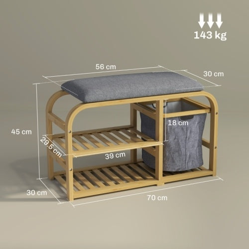 Banco-zapatero de bambú con asiento acolchado y acabado en madera natural.