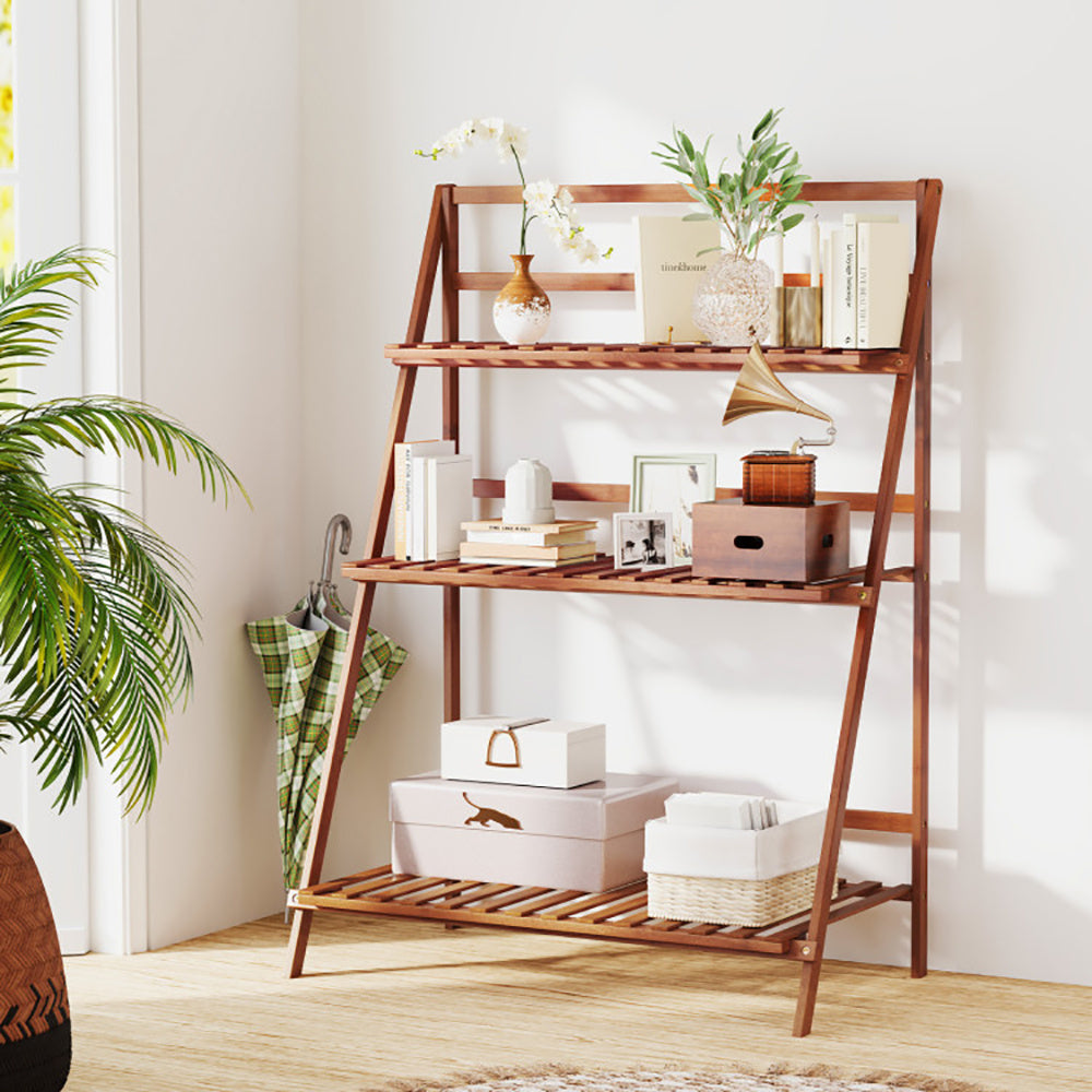 Estantería plegable de bambú con 3 niveles para plantas, flores y libros.