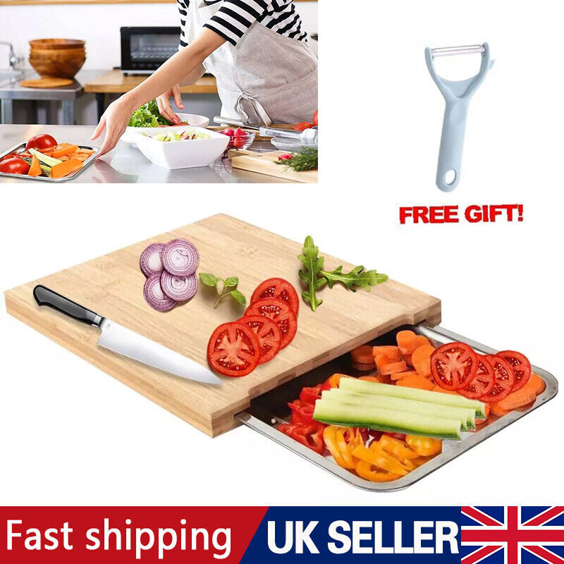 Tabla de cortar de bambú con bandeja deslizante de acero inoxidable para cortar y rebanar
