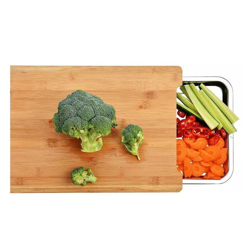 Tabla de cortar de bambú con bandeja deslizante de acero inoxidable para cortar y rebanar