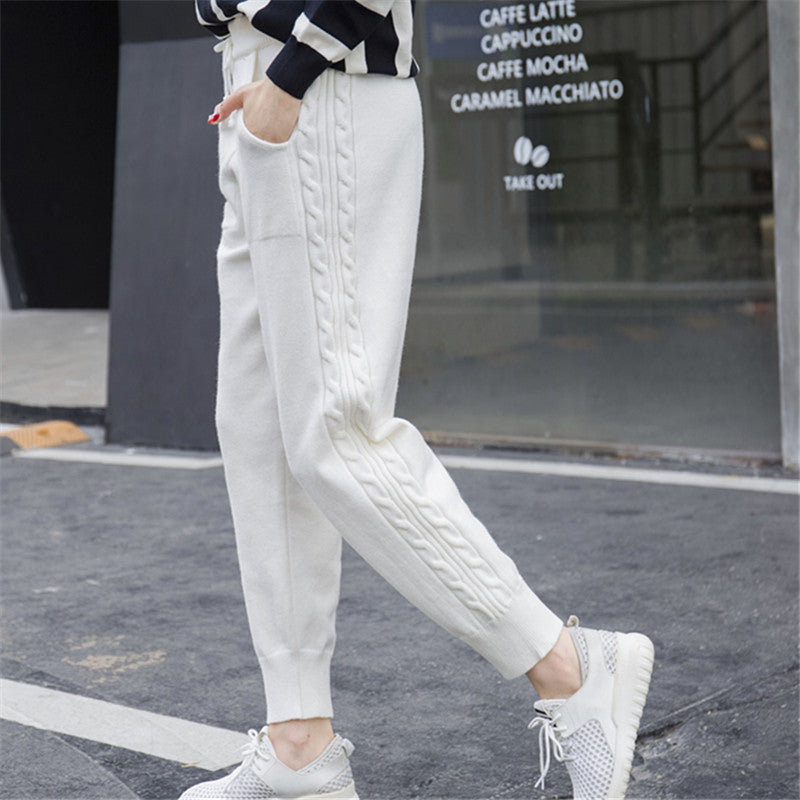 Pantalones Harem de punto de moda, color liso, tejido de cáñamo con detalles de encaje.