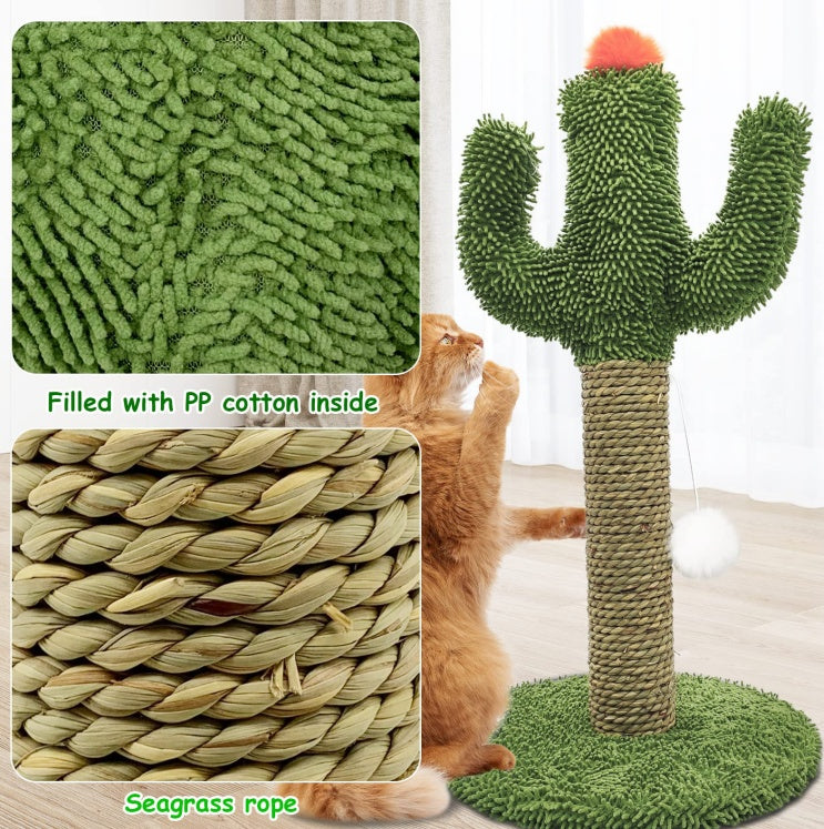 Cactus trepador para gatos 2 en 1 - Base de madera maciza, poste para arañazos de sisal natural y juguete con pelota colgante. Centro de actividad para gatos de interior.