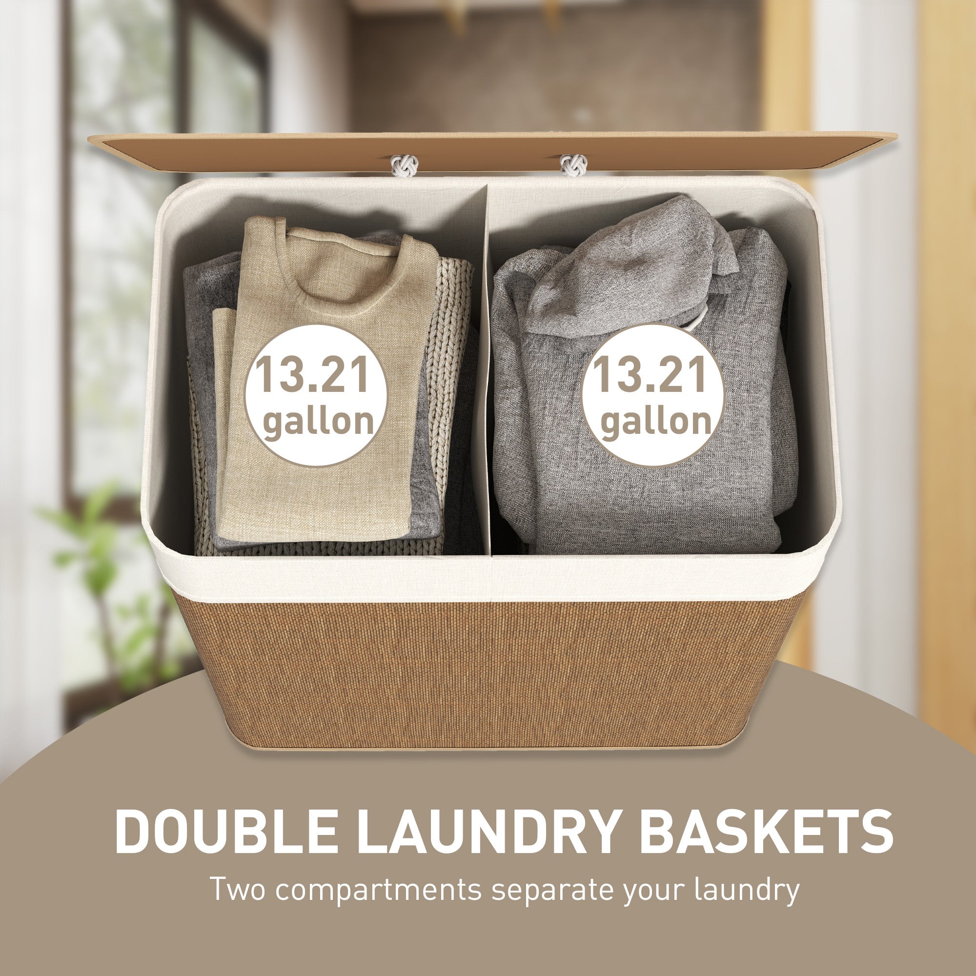 Cesta de ropa doble con tapa, capacidad de 26,4 galones, fabricada en bambú con asas de cuerda y forro interior extraíble, color marrón.
