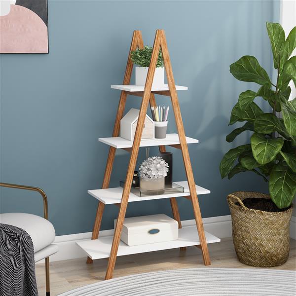 Estantería para libros en forma de escalera (diseño en "A"), fabricada con madera maciza o bambú.