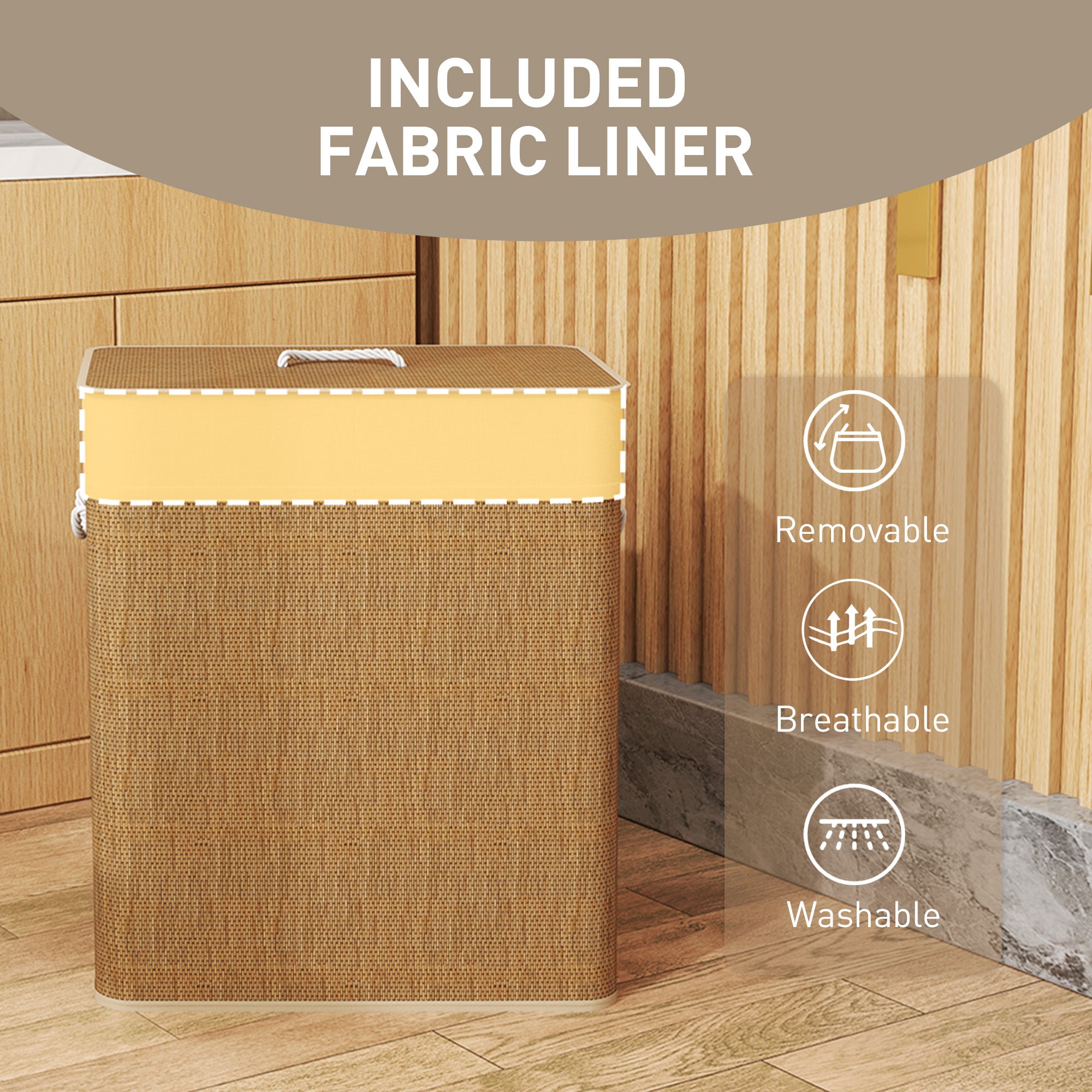 Cesta de ropa doble con tapa, capacidad de 26,4 galones, fabricada en bambú con asas de cuerda y forro interior extraíble, color marrón.