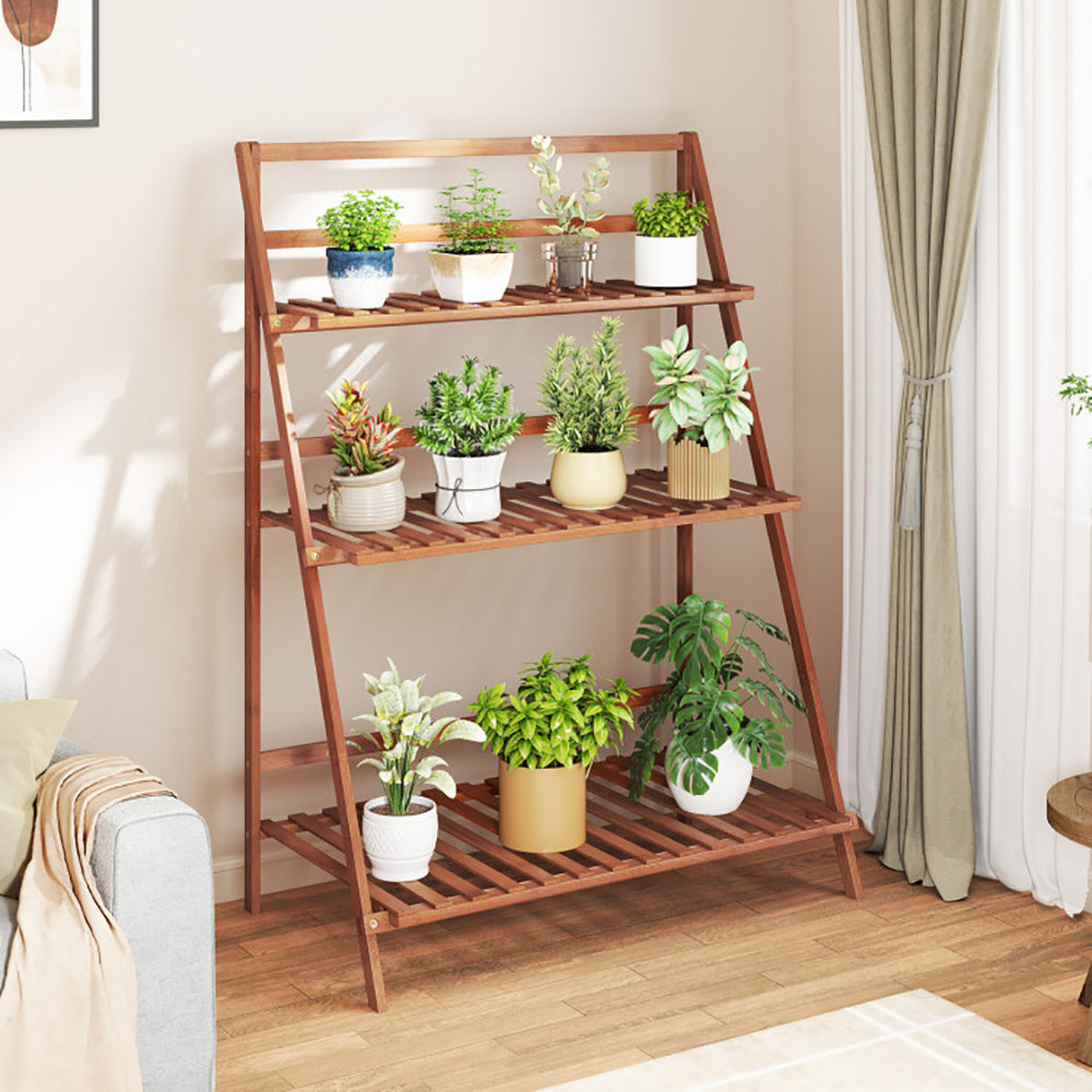 Estantería plegable de bambú con 3 niveles para plantas, flores y libros.