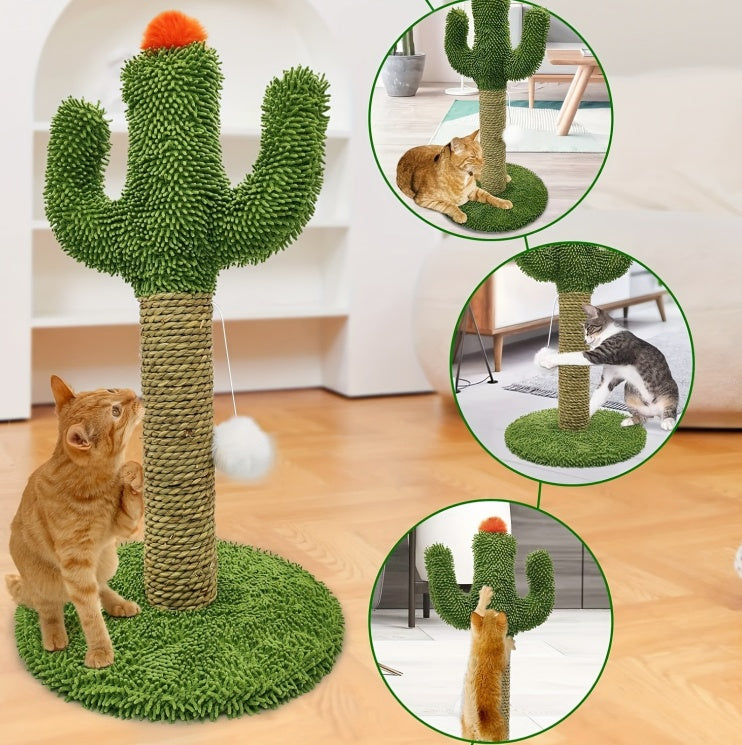 Cactus trepador para gatos 2 en 1 - Base de madera maciza, poste para arañazos de sisal natural y juguete con pelota colgante. Centro de actividad para gatos de interior.