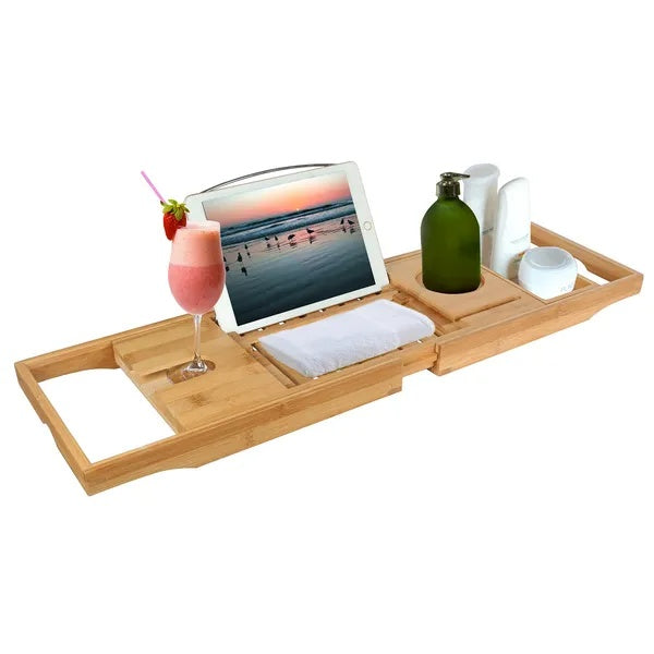 Tabla de baño extensible de bambú con bandeja y soporte para lectura, ideal para tabletas y móviles. Regalo perfecto para el día de San Valentín.