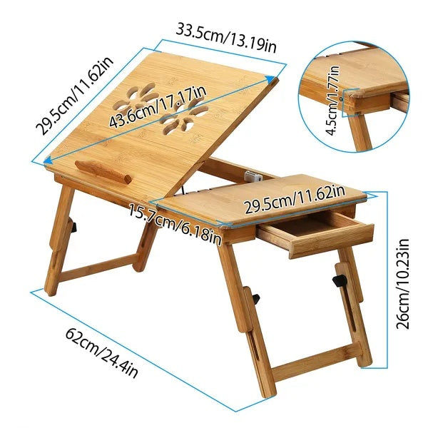 Mesa de bambú para portátil, bandeja plegable para desayuno o merienda en la cama, superficie inclinable ajustable con múltiples posiciones.