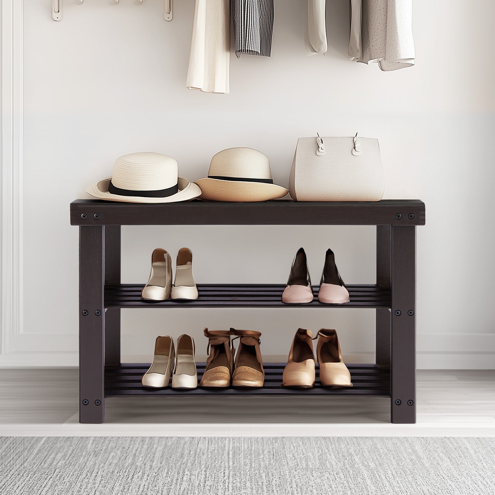 Estantería para zapatos de bambú de 3 niveles, organizador de almacenamiento compacto, capacidad de 286 kg, ideal para entrada, dormitorio, salón o balcón.