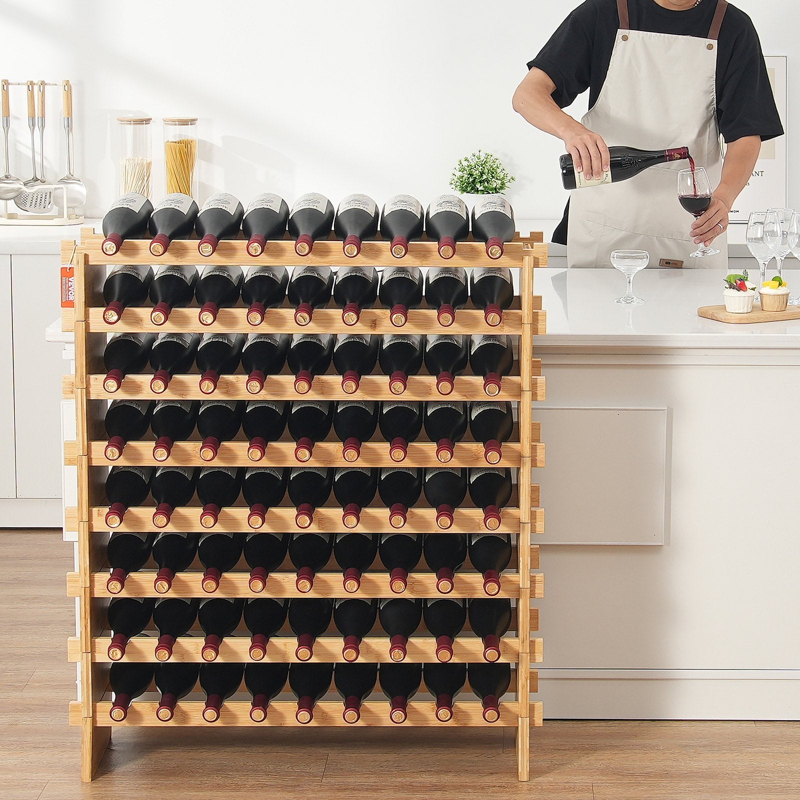 Estantería modular para vinos de bambú, capacidad para 72 botellas, estantería de exposición de 8 niveles