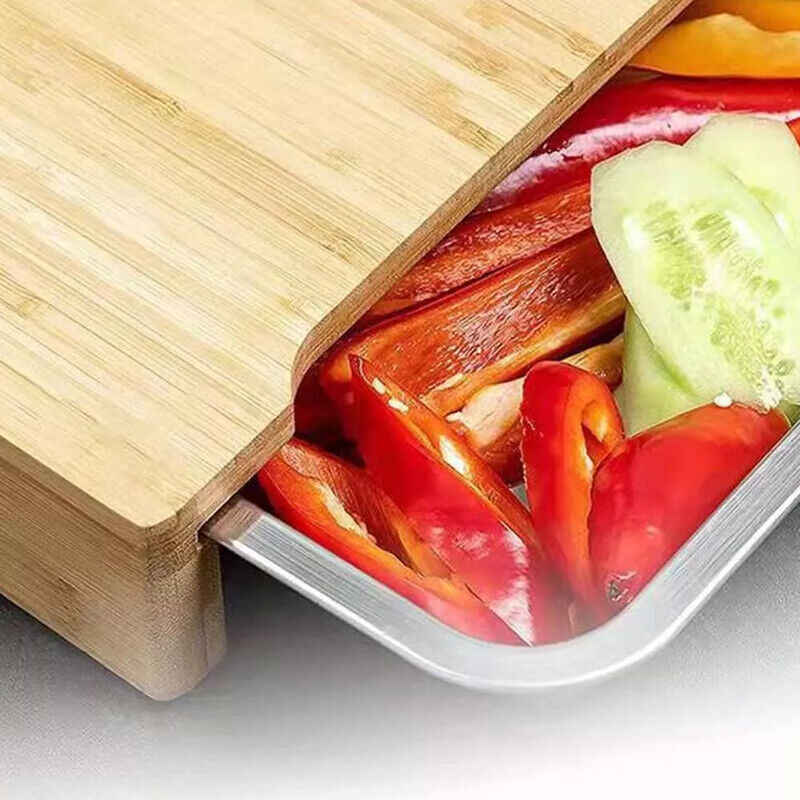 Tabla de cortar de bambú con bandeja deslizante de acero inoxidable para cortar y rebanar
