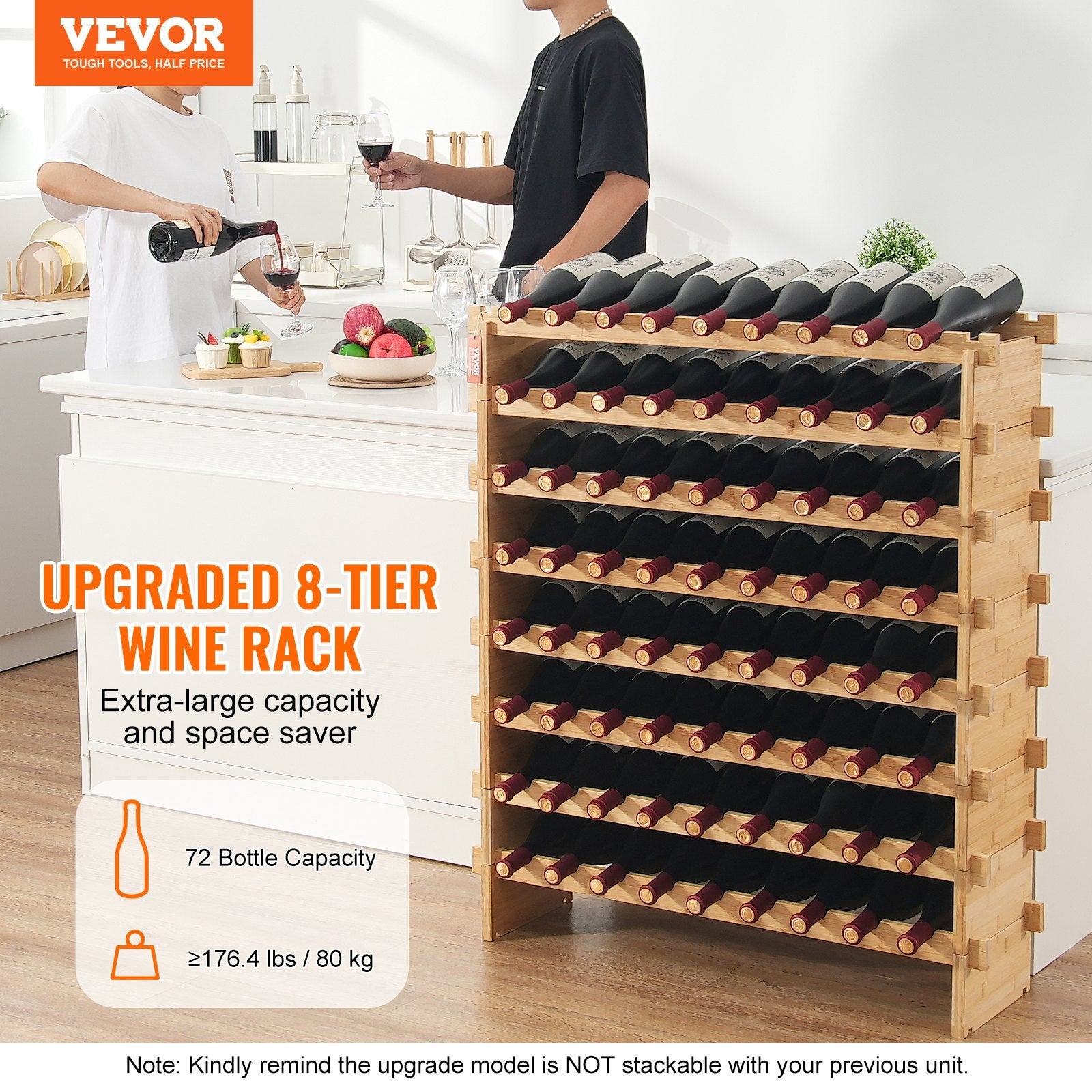 Estantería modular para vinos de bambú, capacidad para 72 botellas, estantería de exposición de 8 niveles